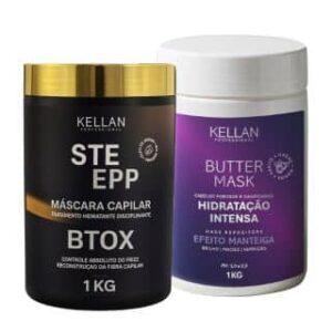 Kit Redutor e Tratamento Kellan com frasco BTOX e pote de máscara, para controle de volume e nutrição